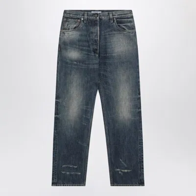 Prada Logo Patch Distressed Faded Jeans In Black
