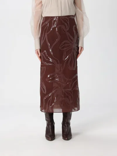 Brunello Cucinelli Floral Midi Skirt Sheer Overlay In Brown