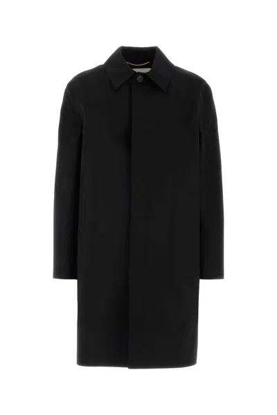 Saint Laurent Long Single-breasted Coat Featuring Side Pockets In Black
