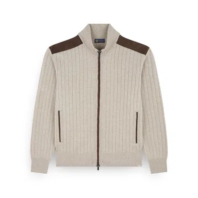 Paul & Shark Zip-up Cardigan In Wool And Cashmere With Suede Details In Neutral