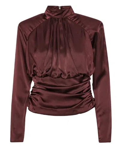 Rotate Birger Christensen Ls Ruched Silk Top In Red