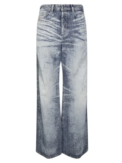Diesel Wide-leg Denim Pants With Acid-wash Effect In Gray