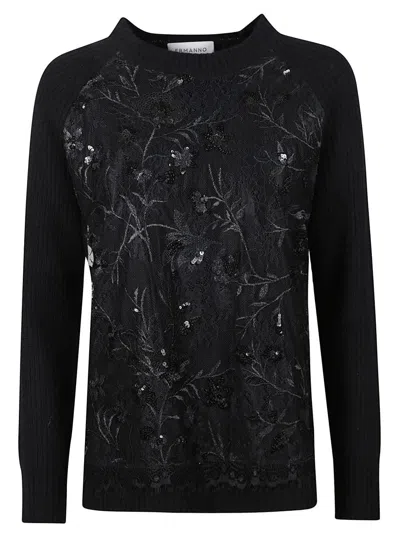 Ermanno Firenze Floral Pattern Sequin-embellished Wool Sweater In Black