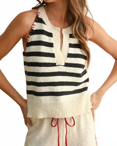 Miou Muse Stitch Detail Knit Top In Navy Stripe In Black