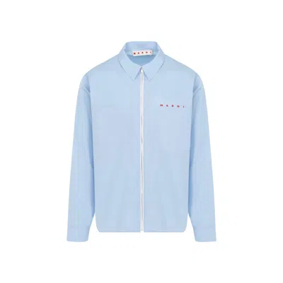 Marni Light Blue Minimalistic Cotton Jacket With Zipper Closure In Blue
