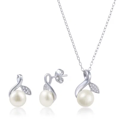 Maxcolor Sterling Silver Real Freshwater Pearl Earrings & Necklace Leaf Set With Diamond Accents In Metallic