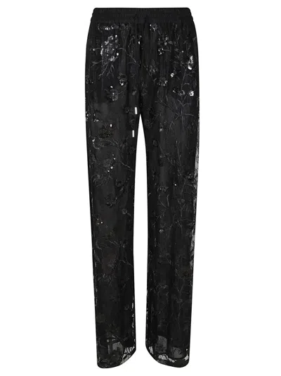 Ermanno Firenze Sheer Black Trousers With Intricate Floral Embroidery In Animal Print
