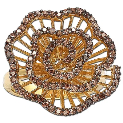 Suzy Levian Pave Cubic Zirconia Sterling Silver Brown Flower Ring In Gold