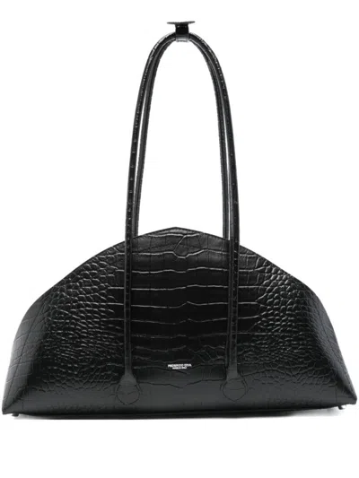 Federico Cina Crocodile-embossed Calfskin Handbag With Structured Silhouette In Black
