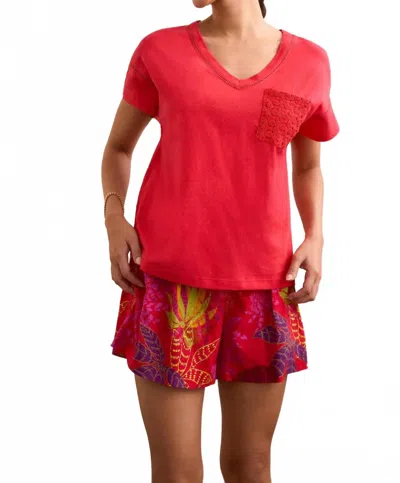 Tribal Short Sleeve Frill V-neck Top With Ladder Tape In Tango Red In Multi