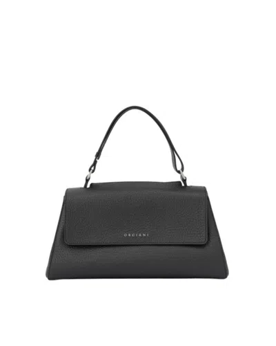 Orciani Trapezoidal Handbag In Hammered Leather With Monogram In Black