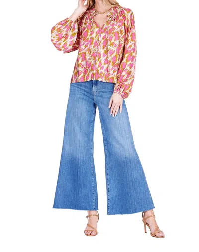 Joy Joy Elastic Neck Peasant Blouse In Magenta Splash In Multi
