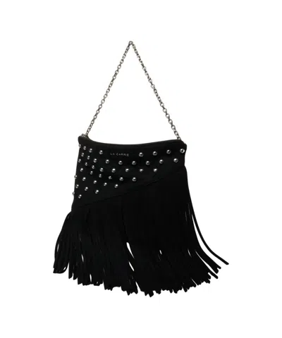 La Carrie Fringe-embellished Black Shoulder Bag With Silver Chain Strap In Black