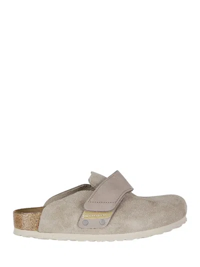 Birkenstock Soft Suede Mules With Velcro Strap In Gray