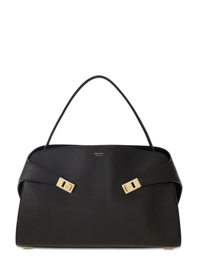Ferragamo Dark Brown Leather Medium Hug Soft Shoulder Bag In Black