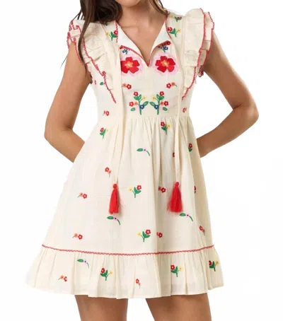 Lalavon Ruffle Sleeve Embroidered Mini Dress In White In Multi