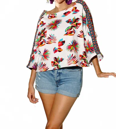 Kikisol Serenity Fiesta Leaf French Terry Maysa Top With Trim Print Shoulder In White In White