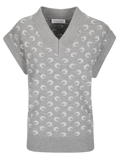 Marine Serre Moon Jacquard Knit V-neck Sweater In Black