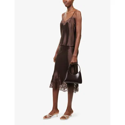 Reformation Womens Black Bean Lace V-neck Lace-trim Silk Top In Brown