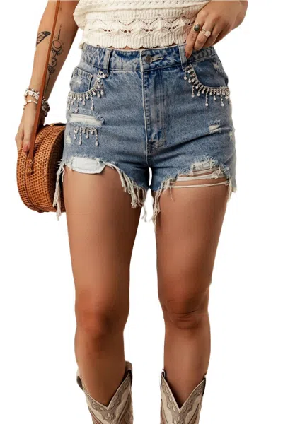 Willows Tassel Rhinestones Distressed Denim Shorts In Sky Blue In Blue
