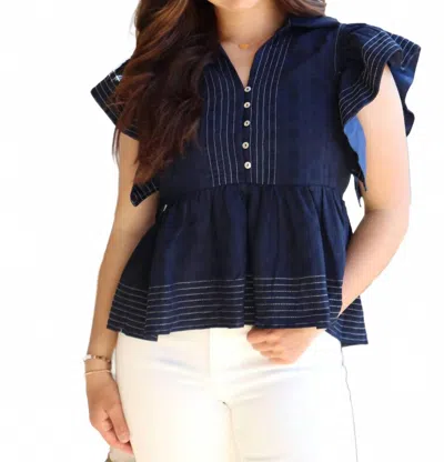 Entro Women's Nautical Short Sleeve Top In Navy Blue In Blue