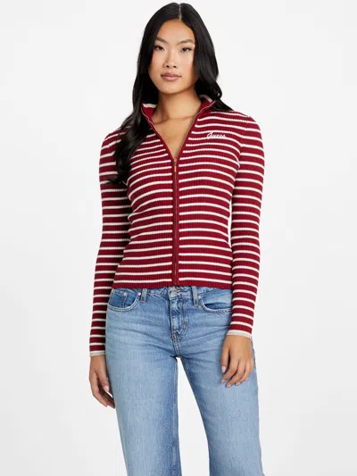 Guess Factory Zinnia Striped Zip Sweater In Burgundy