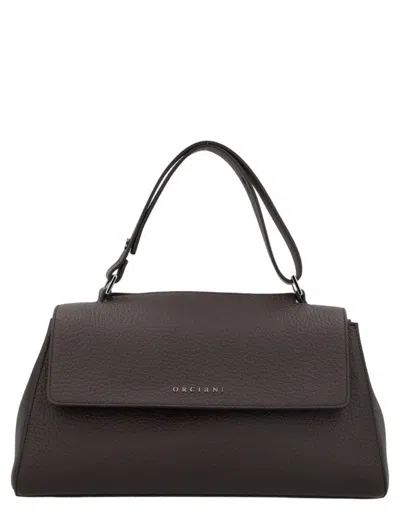 Orciani Textured Leather Handbag With Adjustable Handle And Magnetic Closure In Brown