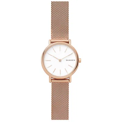 Skagen Women's Signatur Slim Rose Gold-tone Stainless Steel Mesh Bracelet Watch 30mm In Rose Gold/ White/ Rose Gold