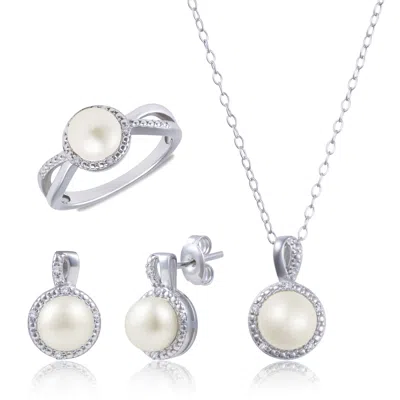 Maxcolor Sterling Silver Real Freshwater Pearl Earrings, Necklace & Ring Halo Set With Diamond Accents In Silver