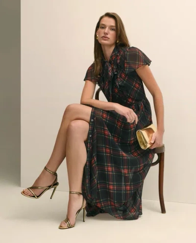 Brooks Brothers Chiffon Plaid Flutter-sleeve Maxi Dress In Black