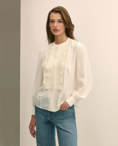 Brooks Brothers Silk Haboti Pintucked Band-collar Blouse In White