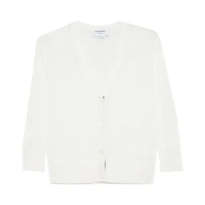 Pre-owned Thom Browne Feather Jersey Intarsia Mix Stitch 3/4 Sleeve V Neck Cardigan 'white' | Women's Size 38