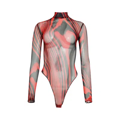 Pre-owned David Koma Long Slv Printed Mesh Bodysuit 'red/black' | Women's Size 8