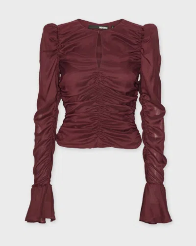 Rotate Birger Christensen Rotate Top Chiffon Ruched Long Sleeve In Burgundy