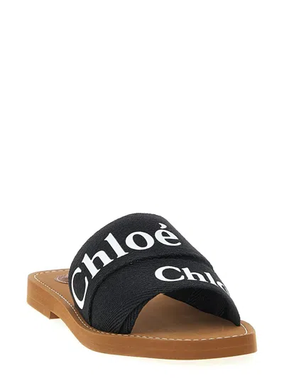 Chloé Women Woody Linen Flat Sandals In Black
