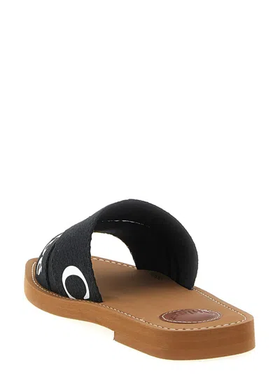 Chloé Women Woody Linen Flat Sandals In Black