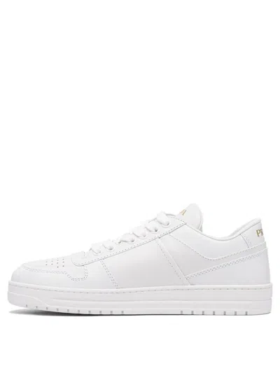Prada White Sneakers With Padded Collar And Perforated Detailing In White