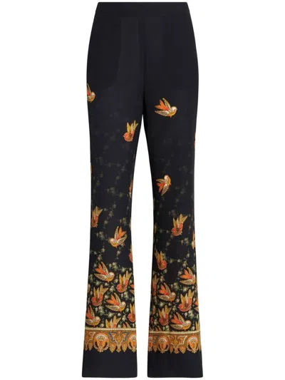 Etro Printed Silk Trousers In Blue