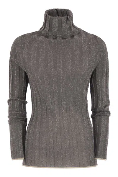 Fabiana Filippi Ribbed Turtleneck Sweater With Lurex Trim In Gray