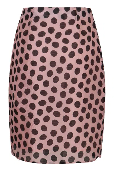 Nina Ricci Polka Dot Seersucker Skirt With Asymmetric Bow In Black On Blush In Pink