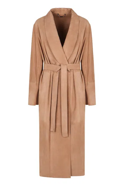 Fendi Suede Coat In Nude