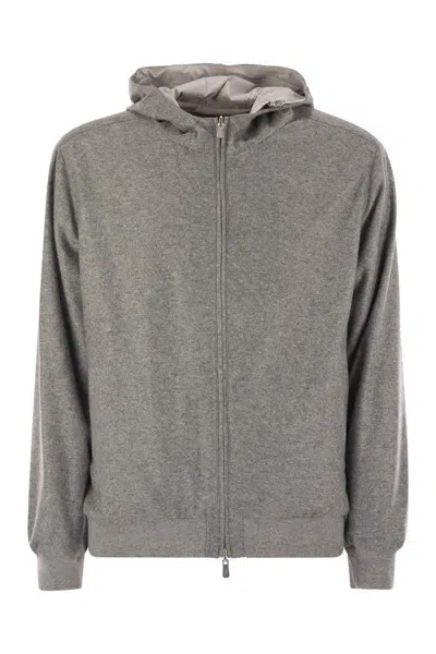 Fedeli Reversible Bomber Jacket With Hood In Cashmere Flannel And Airstop In Gray