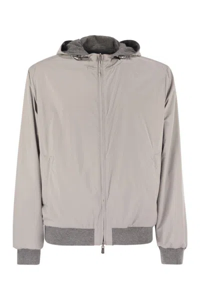 Fedeli Reversible Bomber Jacket With Hood In Cashmere Flannel And Airstop In Gray