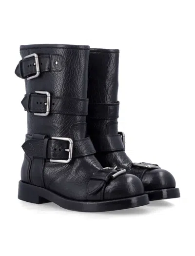 Dolce & Gabbana Black Leather Biker Boots With Buckles In Multi