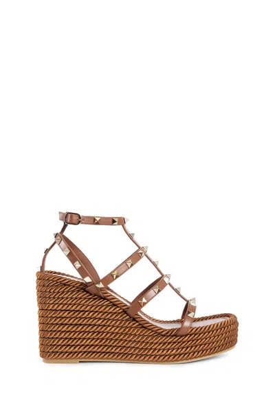 Valentino Sandals With Woven Wedge Heel And Studded Straps In Multi