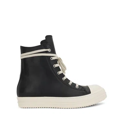 Rick Owens High-top Black Leather Sneakers With Side Zip And Rubber Sole In Multi