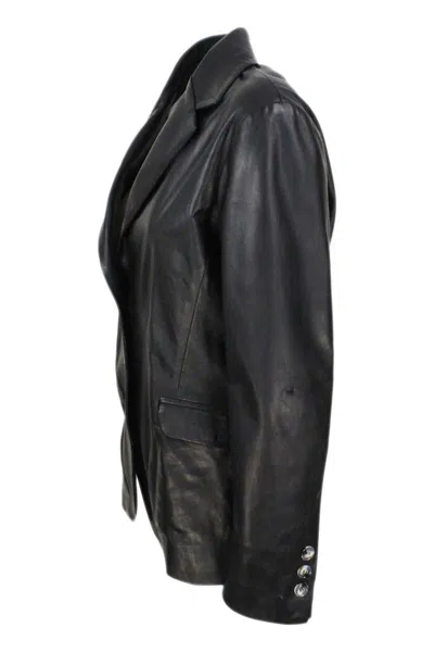 Barba Napoli Soft Leather Blazer Jacket With 2 Button Closure And Flap Pockets In Black
