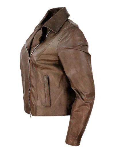 Barba Napoli Studded Jacket In Fine And Soft Nappa Leather With Zip Closure In Brown