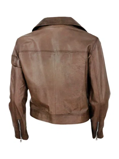 Barba Napoli Studded Jacket In Fine And Soft Nappa Leather With Zip Closure In Brown