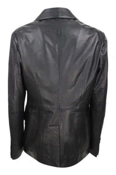 Barba Napoli Soft Leather Blazer Jacket With 2 Button Closure And Flap Pockets In Black